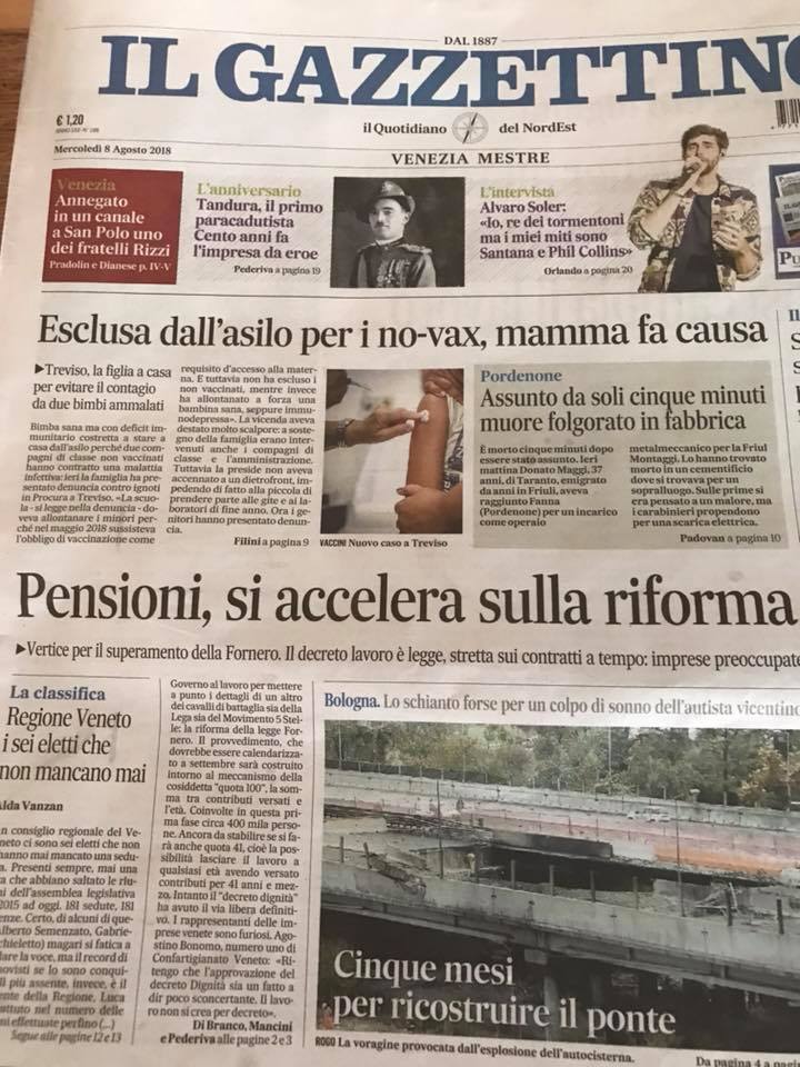 Titolone, a quasi 9 Colonne, sul quotidiano più importante di Venezia e Treviso